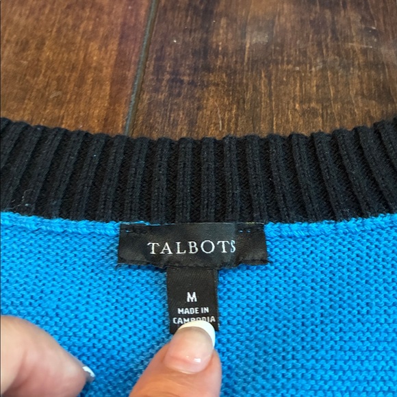 Talbots Tipped Texture V-neck Cardigan Sweater Blue black Silver tone buttons M - Picture 4 of 10